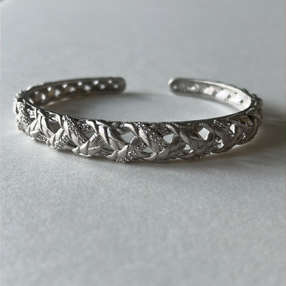 Judith Ripka Silver Hinged Cuff Bracelet with Intricate Openwork Design - Picture 11 of 12